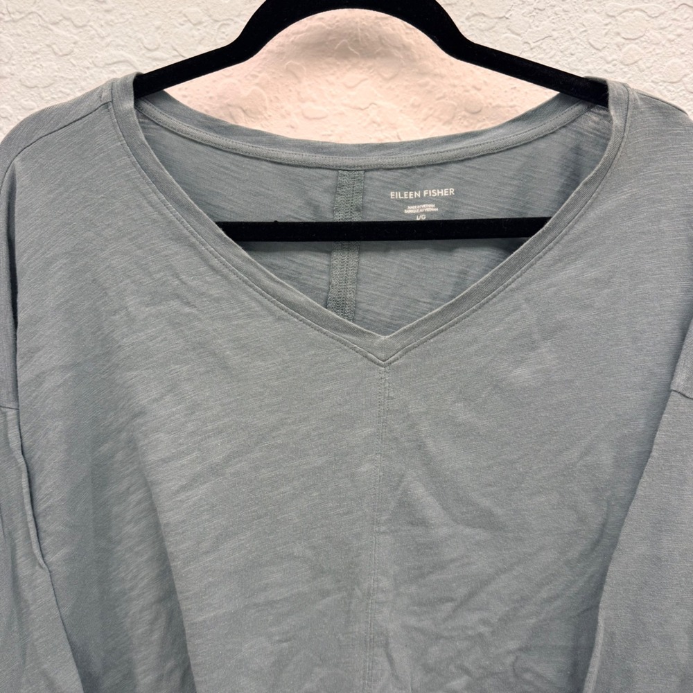 Eileen Fisher Organic Cotton V Neck Boxy Top Sage Green Large‎ 3/4 Sleeve